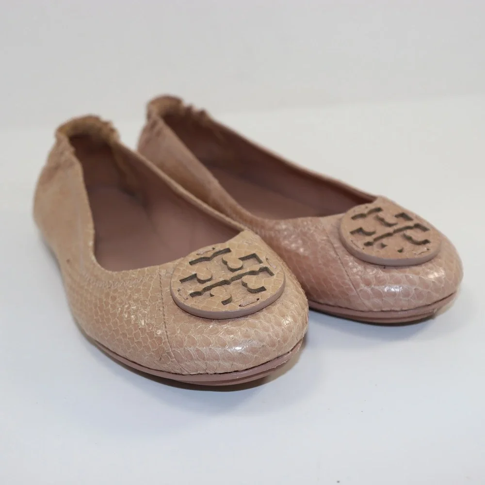 Tory Burch Minnie Ballet Flats Womens 6.5 Blush Pink Snakeskin‎ Embossed Leather